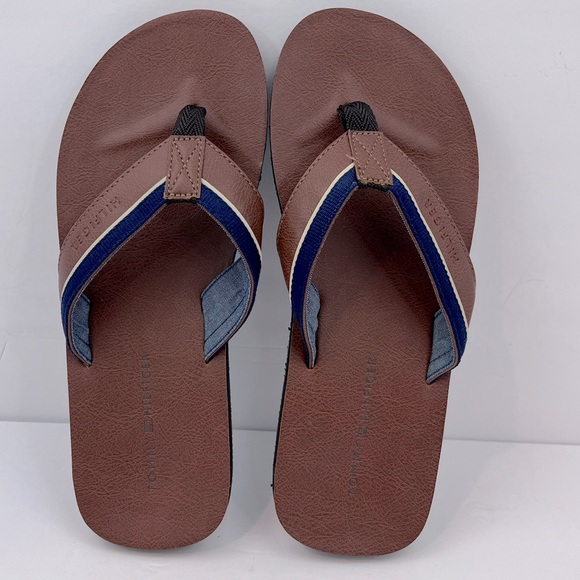TOMMY HILFIGER MEN’S BROWN AND NAVY FLIP FLOPS, DRAKE-T STYLE, SIZE 9M - Picture 2 of 15